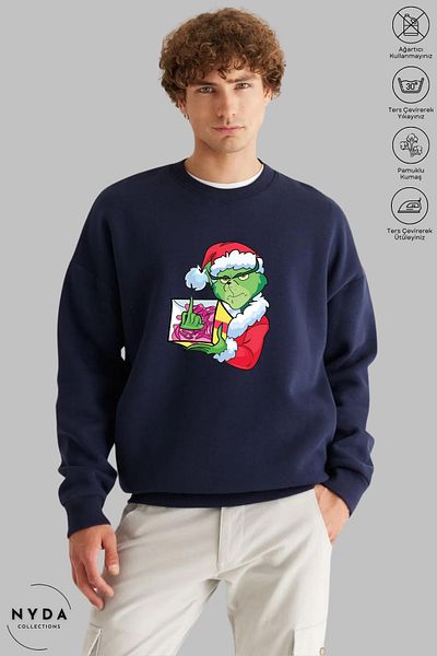 Nyda Collections Коледа и Нова година с принт на Grinch - унисекс голям суичър без качулка с дълъг ръкав