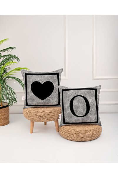 menesahome Сірий чохол для подушки з чорним серцем і літерою O, з цифровим пр...