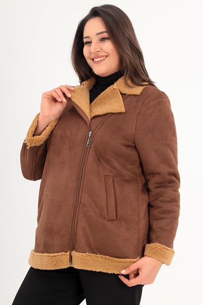 Metpoint Trend42Plus Large Size Suede Zipper Detailed Brown Coat with Fur Inside
