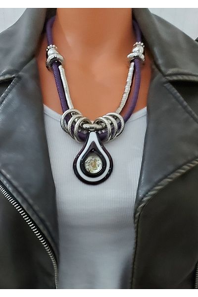 Virgo Purple Colorful Murano-Inspired Blown Glass-Semi-Spiral Metal-Semi-Knitted Cordon Necklace