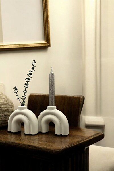 Decorative Candle Holder Set Candlestick Handmade Cream Color Model 43