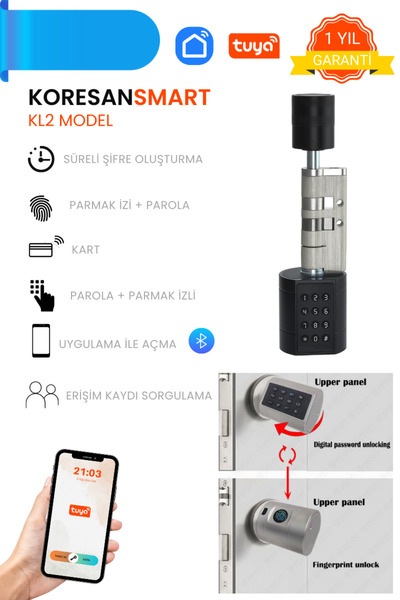 koresan KL2 Parmak izi, Şifreli Akıllı Kapı Kilidi - Tuya Anroid ve İOS Deste...