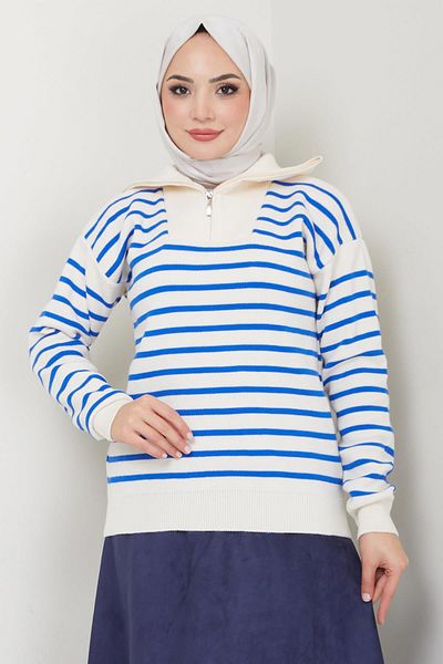 hafsamina Saks Colorful Striped Knitwear Sweater with Zipper Detail - Hm2611