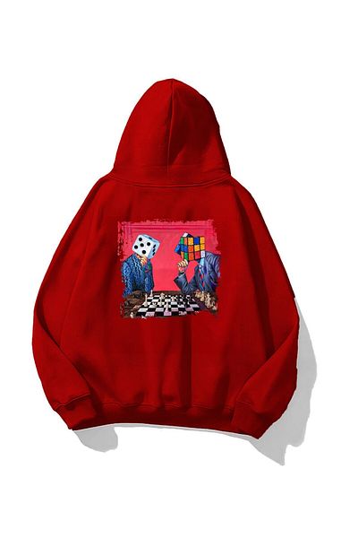 The Champ Clothing Червен унисекс суитшърт с качулка и щампа с шахматни фигури, голям размер