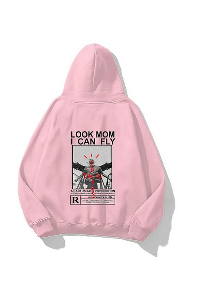The Champ Clothing Φούτερ με κουκούλα Fleece Look Mom I Can Fly με στάμπα Unisex ροζ oversize φούτερ με κουκούλα