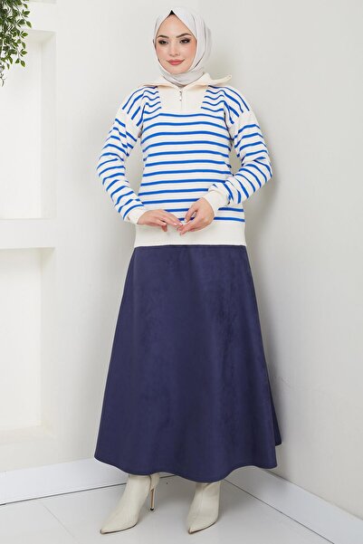 hafsamina Сакс кольоровий смугастий светр з блискавкою - HM2611