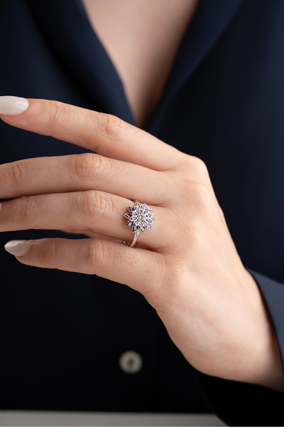 Silvano Jewelry 925 Ayar Gümüş Zirkon Mor Taşlı Lotus Yüzük