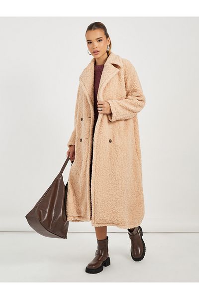 Styli Oversized Midi Length Double Breasted Faux Fur Coat