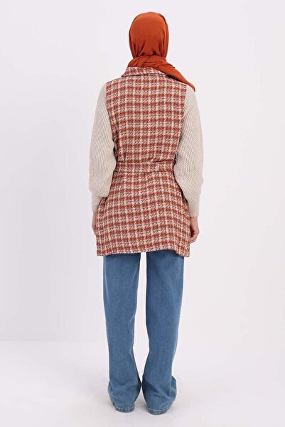 ALLDAY Camel-Knitwear Garnished Belted Tweed Cardigan