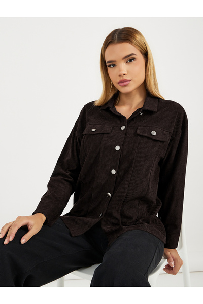 Styli Relaxed Fit Corduroy Shirt with Metal Button
