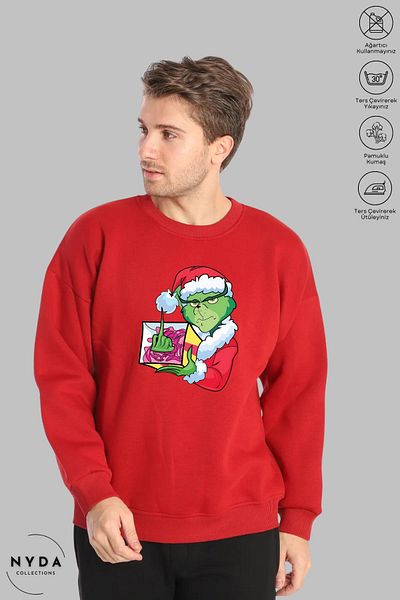 Nyda Collections Коледа и Нова година с принт на Grinch - унисекс голям суичър без качулка с дълъг ръкав