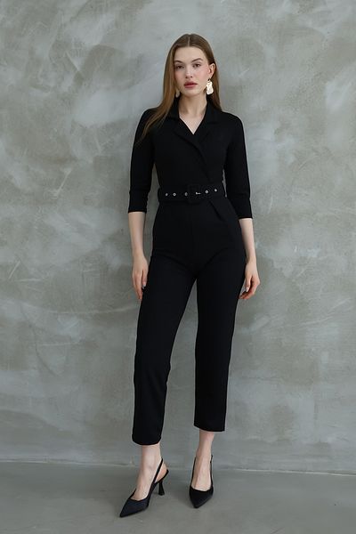 lovebox Belt Gift Jacket Collar Pocket Detailed Long Sleeve Black Evening Dress Jumpsuit 32044