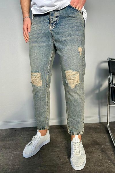 MADZEYMODA Boyfriend Mold Ανδρικό σκισμένο λεπτομερές μπλε τζιν παντελόνι KE-598