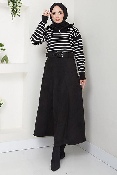 hafsamina Black Striped Knitwear Sweater - Zipper Detail Hm2611