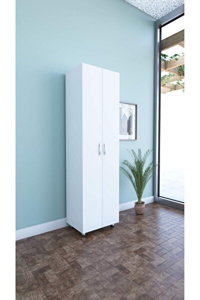 Dienni 2 Kapaklı 8 Raflı Çok Amaçlı Mutfak Dolabı, Banyo Dolabı, Çok Amaçlı Dolap, Beyaz 49x174x29 Cm
