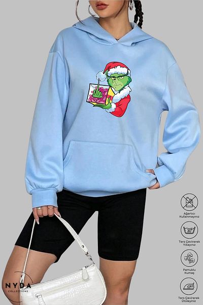 Nyda Collections Голяма памучна суичърка с качулка и качулка с щампа за Коледа и Нова година на Grinch