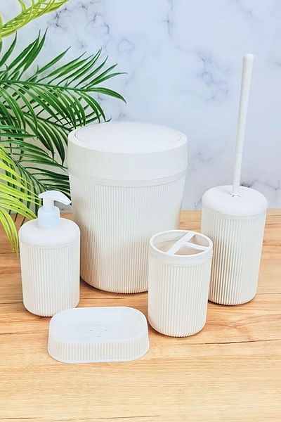 devigo Stylish 5-Piece Bathroom Set - Soap Dispenser, Liquid Soap Dispenser, Trash Can, Toilet Brush and Toothbrush Holder