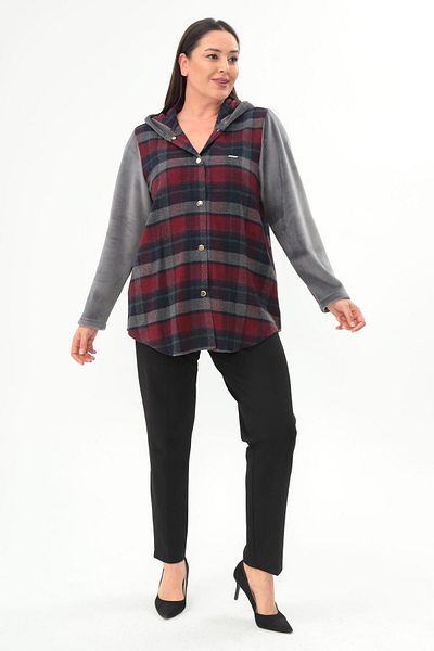 Metpoint Trend42Plus Plaid Pattern Snap Button Pocket Detailed Burgundy Coat