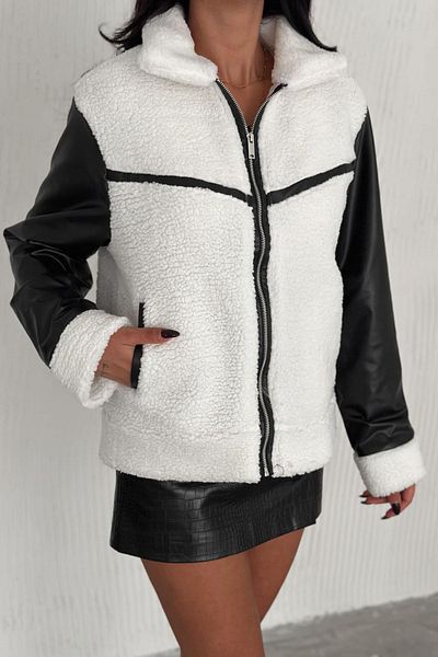 Deafox Weiße Lammjacke mit Lederverzierung und Taschen
