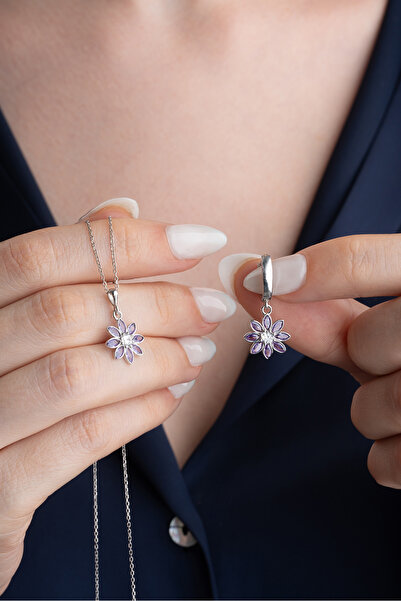 Silvano Jewelry 925 Ayar Gümüş Mor Taşlı Lotus Takı (Kolye-Küpe) Seti