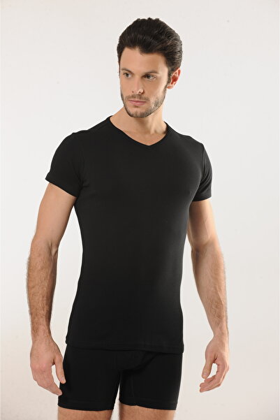 MODA 100% Cotton Soft Textured Ribbed V-Neck Black Men's Undershirt