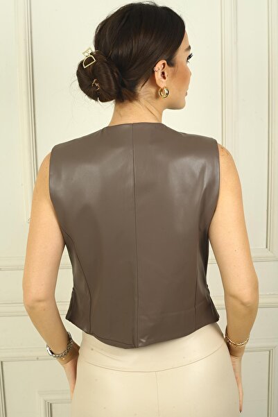 By Saygı Γυναικείο δερμάτινο γιλέκο με κουμπιά μπροστά