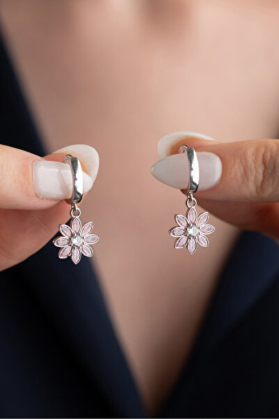 Silvano Jewelry 925 Ayar Gümüş Halkalı Pembe Taşlı Lotus Küpe