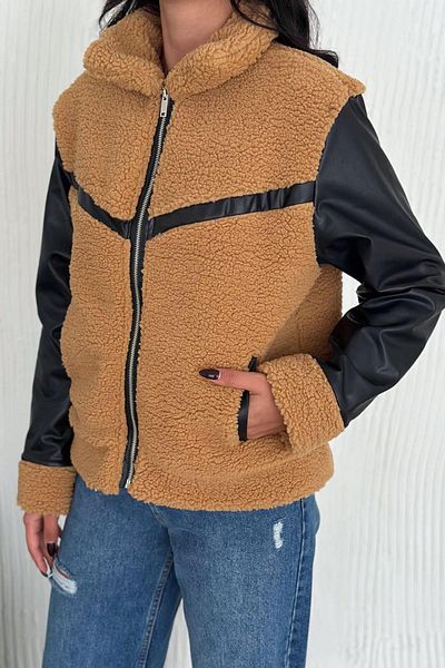 Deafox Beigefarbene Lammjacke aus Leder mit Taschen