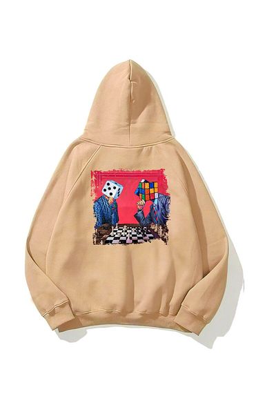 The Champ Clothing Φούτερ με κουκούλα Fleece Chess εμπριμέ μπεζ Unisex Oversize φούτερ με κουκούλα