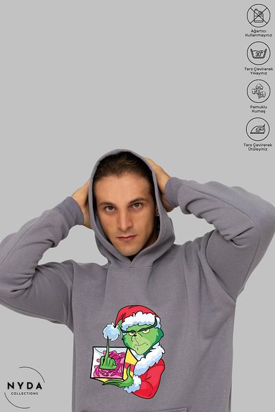 Nyda Collections Голяма памучна суичърка с качулка и качулка с щампа за Коледа и Нова година на Grinch