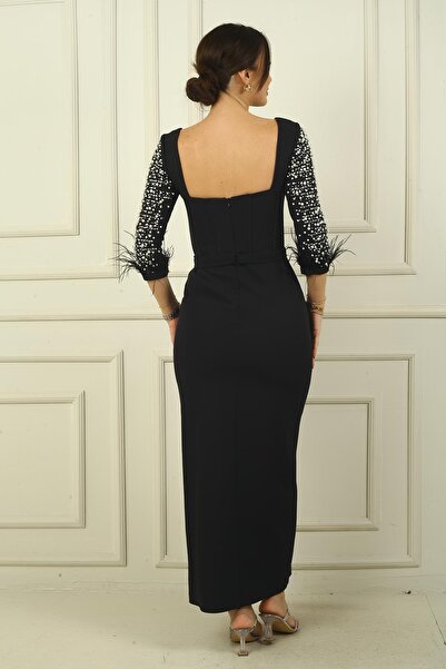 By Saygı Dámské srdíčkový výstřih pas přezka rukávy kámen vyšívaný rozparek dlouhé krepové šaty