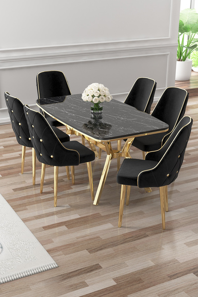 Canisa Asel Serisi 90x160 Lak Panel Siyah Mermer Desen Gold Detay Masa Takımı...