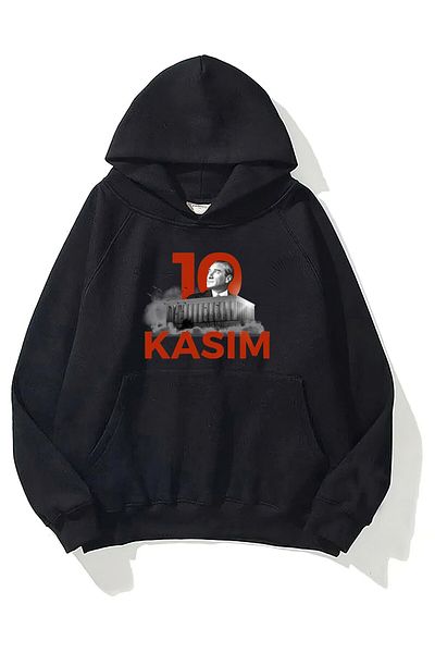 The Champ Clothing Унисекс суитшърт с качулка и черен полар с щампа на Кемал Ататюрк от 10 ноември