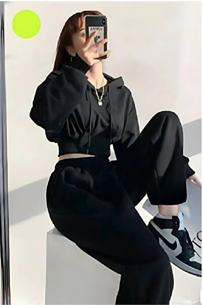 BALİNA Corset negru decupat cu mânecă lungă cu glugă Set de trening negru cu ...