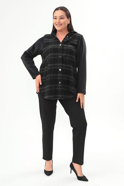 Metpoint Trend42Plus Plaid Pattern Black Coat with Snap Button Pocket Detail