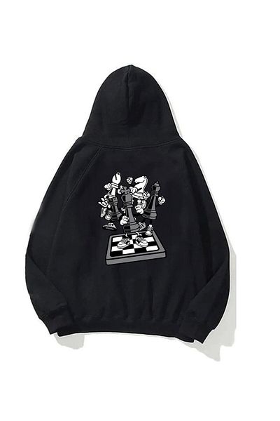 The Champ Clothing Унисекс суитшърт с качулка и качулка с щампа Chess Think в черен цвят