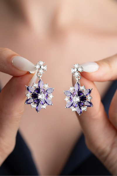 Silvano Jewelry 925 Ayar Gümüş Mor Oval Taşlı Lotus Küpe