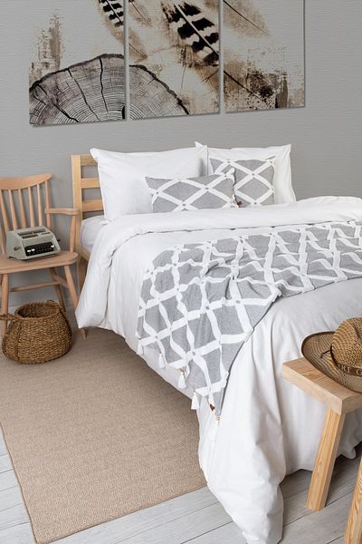 HAMUR Bed Runner Throw Pillow Set Bohemian Punch Ponch Pattern Bedspread Bella Gray