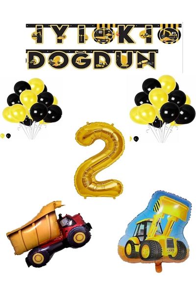 RÖNESANS PARTİ 2 Diecasts Construction Themed Birthday Banner Truck Scoop Shaped Balloon Set Güneyrenk