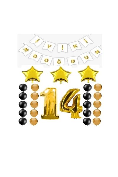 Papatya Süs Evi 14 Year Old Gold Color Birthday Party Set with Happy Birthday Written