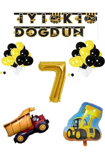 Papatya Süs Evi Age 7 Construction Themed Truck Scoop Shaped Balloon Set for Birthday - Gold