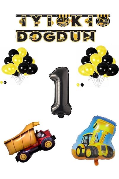Papatya Süs Evi 1"Construction Theme Birth Totals Banner, Shaped Balloon Kit with Truck Scoop Black