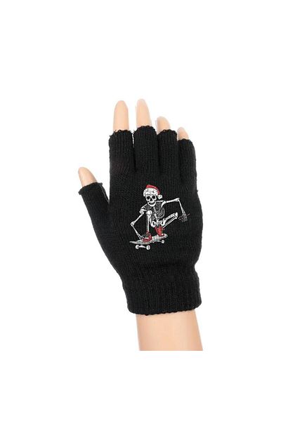 Aesthia MINGALONDON Skateboarder Skeleton Printed Unisex Μαύρα κομμένα γάντια για ζευγάρι