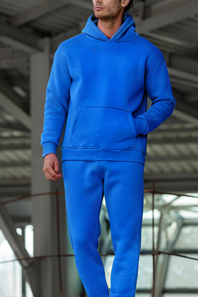 ruNadeS Ανδρικό σετ αθλητικής φόρμας με ράστερ, χαλαρή εφαρμογή, τσέπη καγκουρό και ελαστικά πόδια - Walking