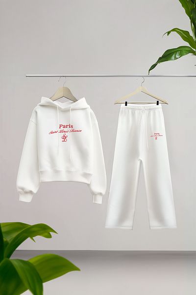 Trendyol Collection Ecru Slogan Κεντητό Fleece Χοντρό Σετ φόρμας - κανονική εφαρμογή Twoaw25Em00014