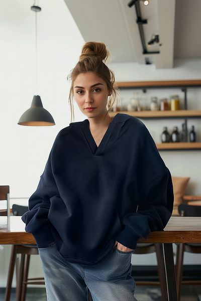 Trendyol Collection Thick Knitted Hooded Navy Blue Oversize SWeatshirt - TWOAW25sw00023