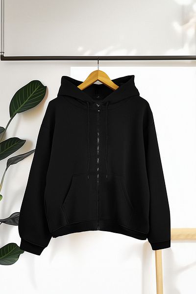 Trendyol Collection Černá oversize/pohodlný střih Basic s kapucí, tlustý fleece uvnitř pletená mikina TWOAW24SW00188
