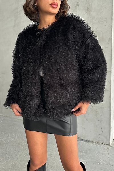 Edit by Trendyol Černý třpytivý kožich Regular Fit Tedaw25Mo00008