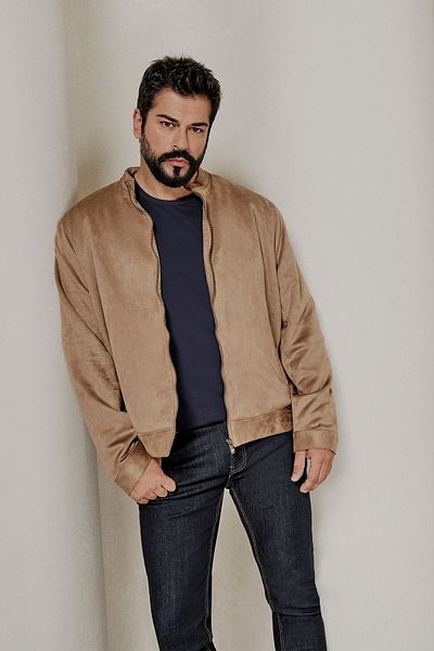 AC&Co / Altınyıldız Classics Beige Wildlederjacke für Herren - Standard Passform, Stehkragenmantel