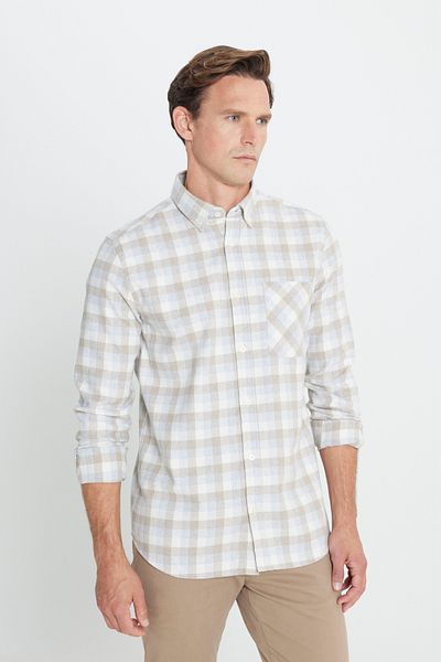 AC&Co / Altınyıldız Classics Beige-graues Slim Fit Holzfällerhemd - Slim Fit, Knopfkragen, warmer karierter Winterflanell